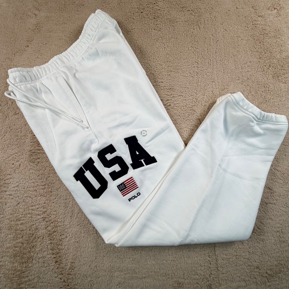 Polo Ralph Lauren Mens Size Large Sweatpants White USA Flag Fleece Joggers NWOT